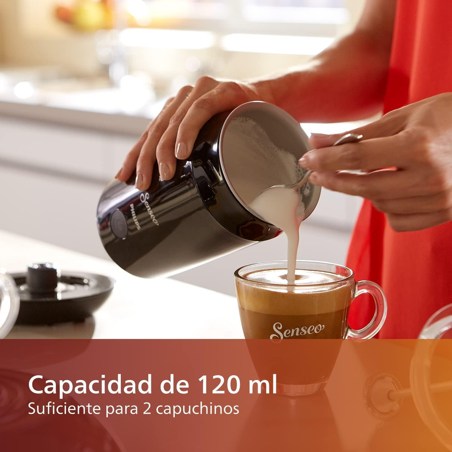 Philips Senseo Espumador de Leche Eléctrico, 2 Capuchinos, Negro | Espuma caliente o fría – 2 capuchinos, batidor magnético, base giratoria 360°, antiadherente (CA6500/60)