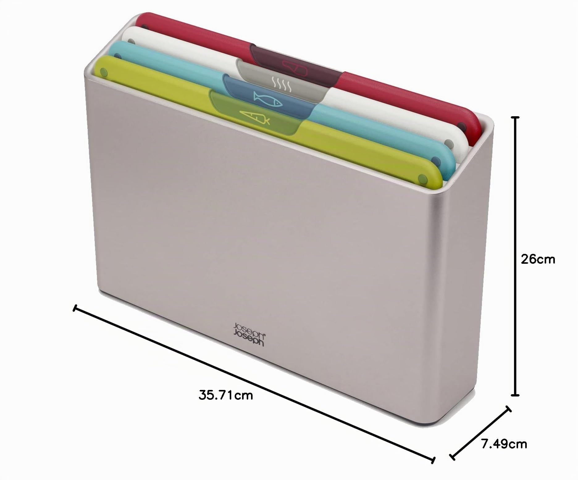 Joseph Joseph Folio Icon Schneidebrett-Set mit Aufbewahrungsbox, rutschfest, farblich gekennzeichnet, 4-teilig, Multicolour/Silber