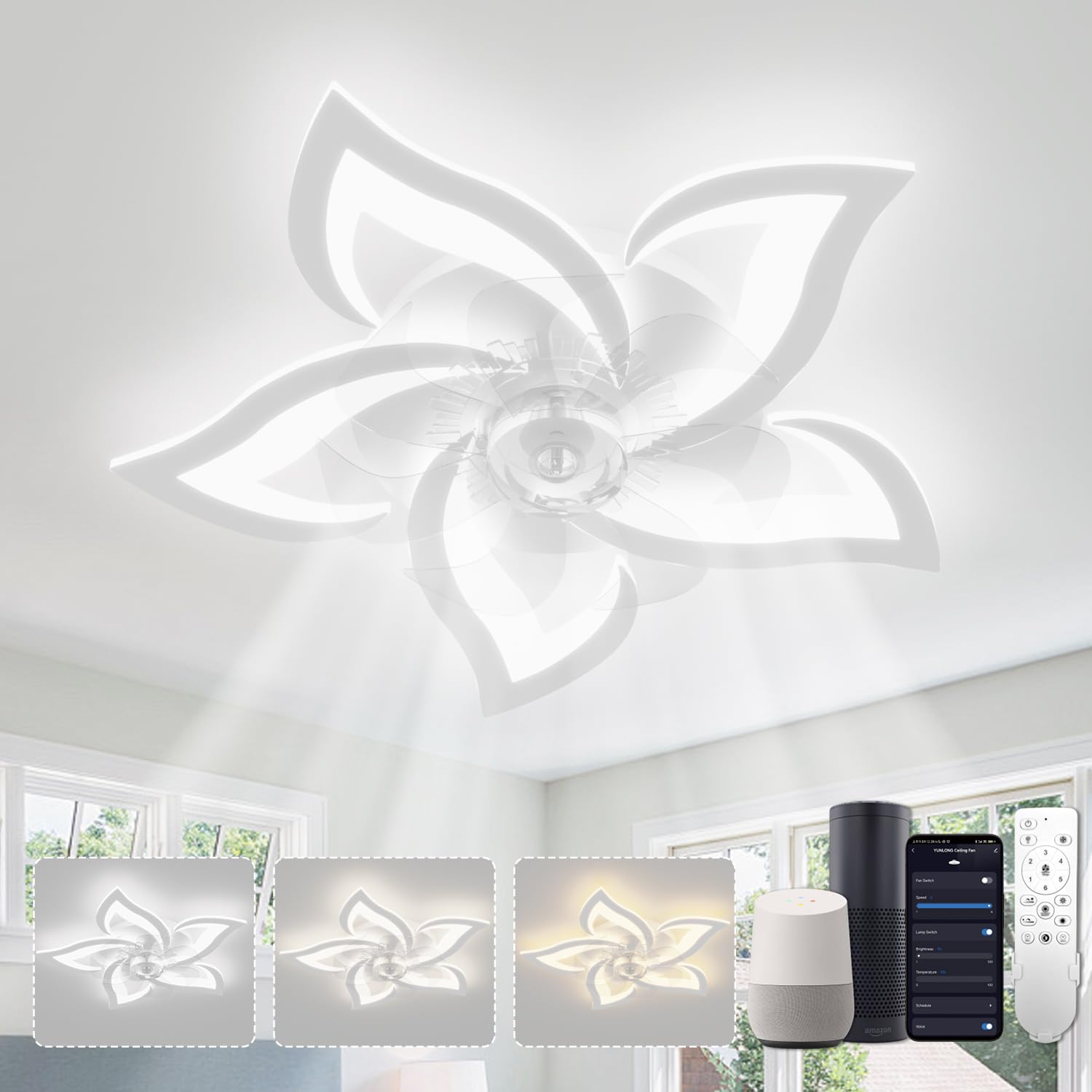 YUNLONG Ventilador de Techo con Luz Compatible con Alexa y Google Assistant, Lámpara Ventilador Techo Silencioso, Motor DC Verano Invierno, Regulable, Función Memoria, para Dormitorio, Blanco