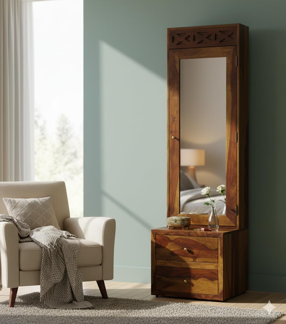 Flywood Sheesham Wood Dressing Table with Mirror, Provincial Teak Finish, 51 x 46 x 183 cm, Storage Cabinet with 2 Drawers, Full Length Mirror-image-32
