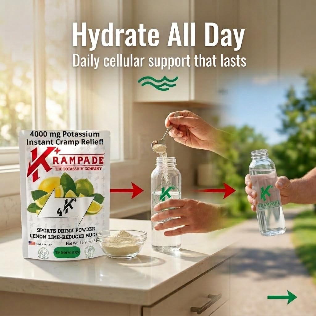 Krampade High Potassium Electrolyte Powder Low Sugar Lemon Lime, 8000mg Electrolytes, 4000mg Potassium, Instant Cramp Relief & Prevention, Cellular Hydration,19 Serving Bulk Powder