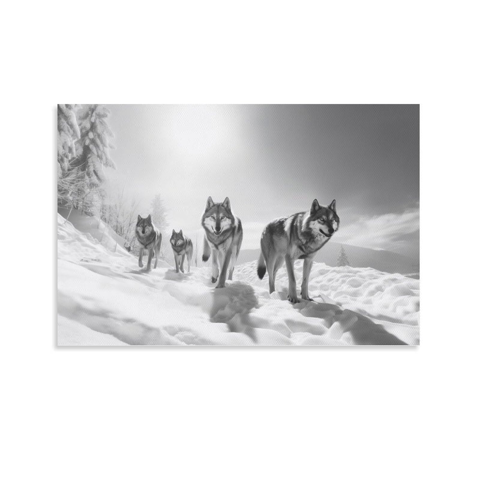 FOCCAR Canvas Wall Art Snow Mountain Wolf Wall Decorations For Living Room Vintage Snowy Forest Animals Hang Pictures Wall Artwork