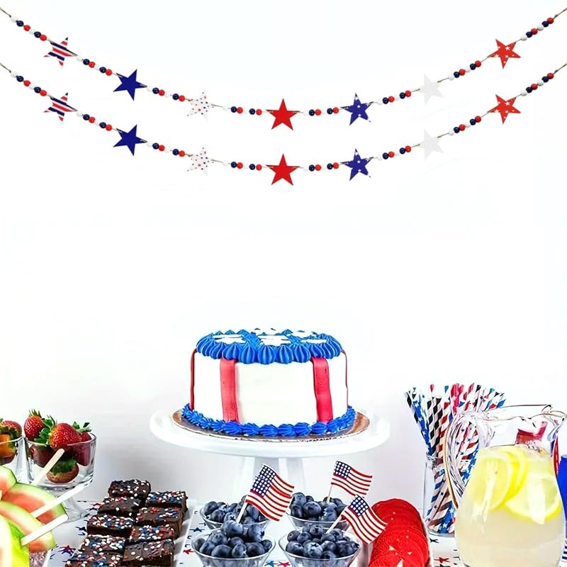 4.9FT Patriotic Wooden Beads Garland with Star-Shaped Felt Charms, Red White Blue Colors Beaded Decor, Rustic Farmhouse Banner for 4th of July Decorations, Shelf Display, Fireplace, Wall (Patriotic)