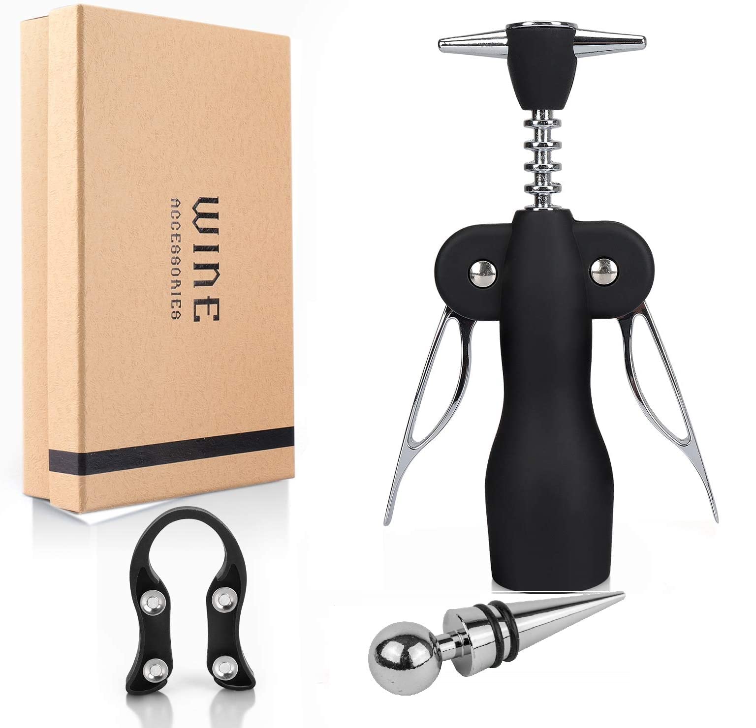 On Da House Wine Bottle Stopper, Wing Corkscrew Drill Opener & Foil Cutter - Black Matt - 3 in 1 Set | Gift Box