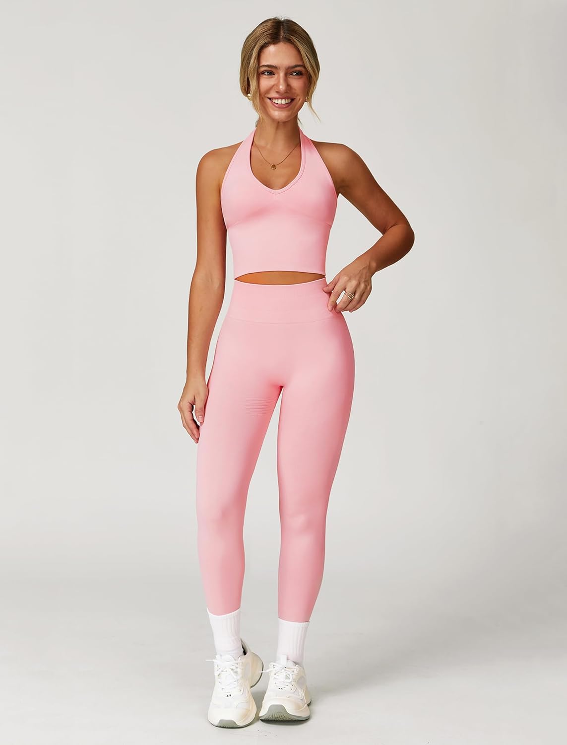 Workout Sets for Women 2 Piece Seamless Halter Tank Top Scrunch Butt Lifting High Waist Leggings Gym Sets Active Wear