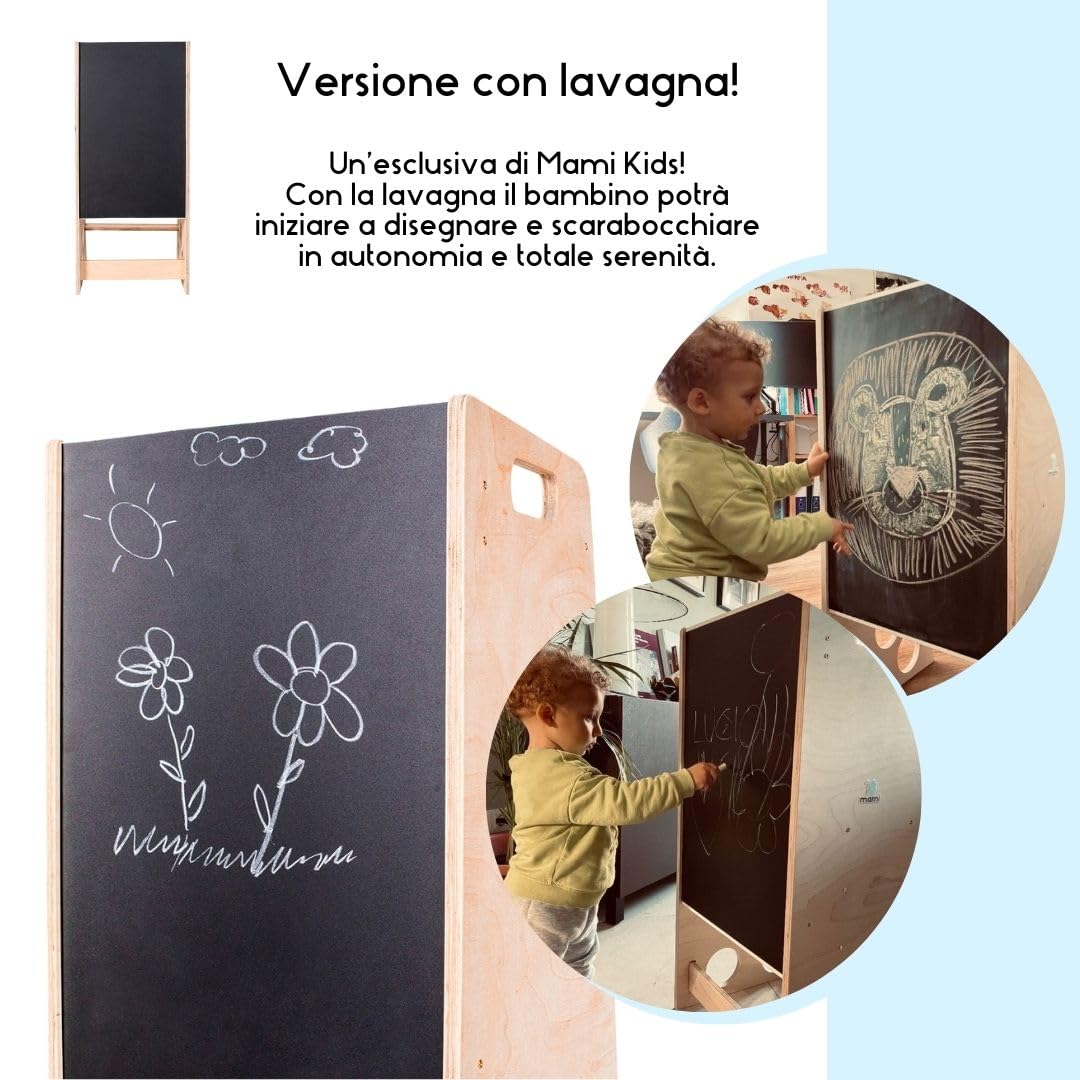mamikids Learning Tower - Torre Montessoriana in Legno Naturale con Lavagna e Scivolo per Bambini 2-6 Anni, Torretta Montessoriana Trasformabile in Scala, Tavolo, Sgabello Bambini - Made in Italy