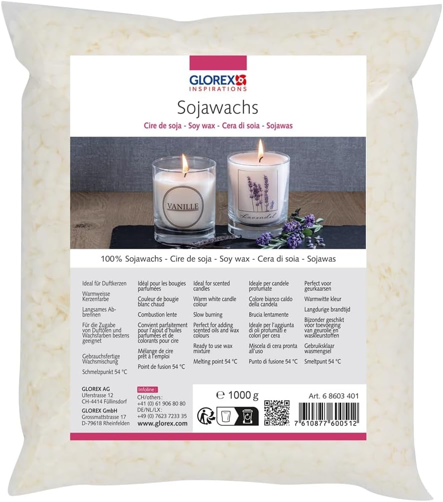GLOREX 6 8603 401 Soy Wax Mix, 1000 g, Ready-to-Use Wax Mix, Burns Warm White, Good Burning Quality, Melting Point 54°C, for Candle Making