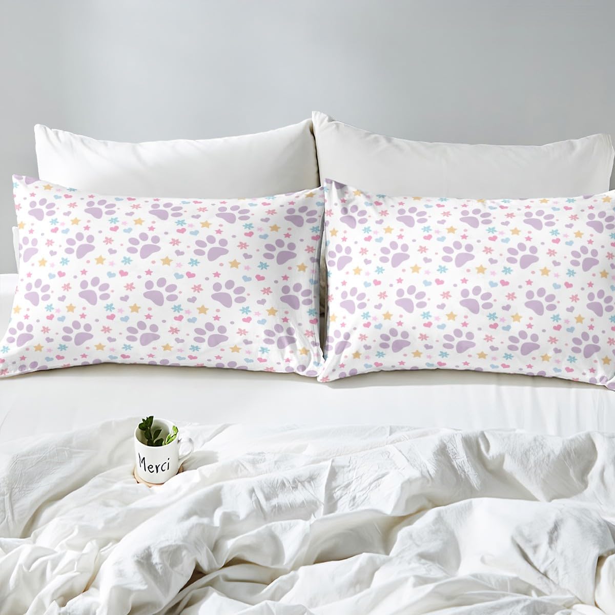 Castle Fairy Purple Paws Sheet Set Kids Boys Girls Stars Love Fitted Sheets Set Full Size Lovely Animals Bedding Sheet Sets Includes 1 Flat Sheet,1 Fitted Sheet,2 Pillowcases