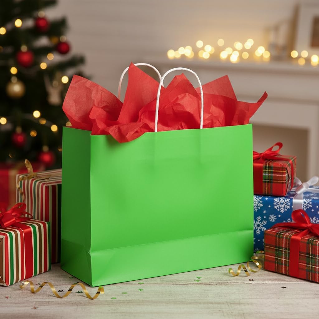 SUNCOLOR Green Gift Bags with Handles, Large 13x10x5.5 Inch, 25 Pack, for Birthday, Wedding, Shopping, Party Favors image 3