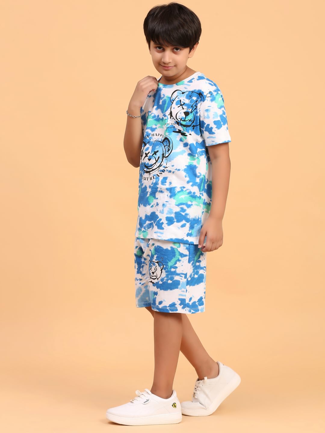 Ninos Dreams Boys Cotton T-shirt & Shorts Coord set/Boys' Soccer Ball - Dinosaur Print Cotton Coord Set - Casual Summer Tee & Shorts Outfit for Kids (12-14 Years, Blue White) 1