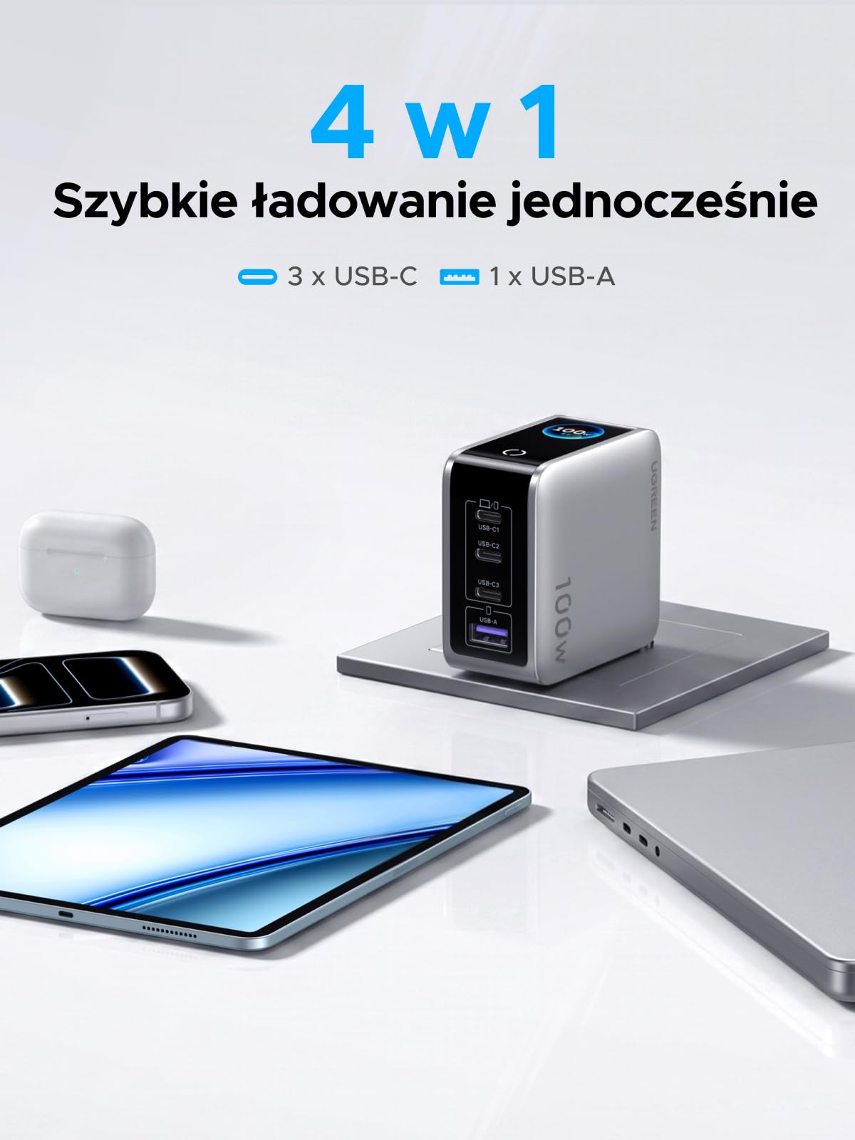UGREEN Nexode Pro Ładowarka 100W USB-C 4 w 1, inteligentny wyświetlacz | Wyświetla stan ładowania w czasie rzeczywistym, ładowarka do laptopa, kompatybilna z MacBook Pro/Air, iPhone, Galaxy S26,iPad