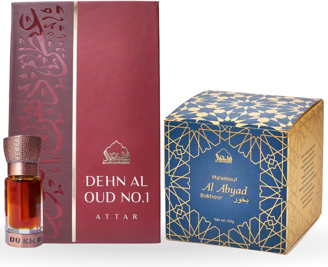 Maamoul al Abyad Bakhoor & Dehn Al Oud Attar by Dukhni | 40gms White Oud Bakhoor Incense, Luxurious Bakhour for Prayer Time & to Relax | 6ml Smokey Oudh Perfume Oil | Islamic Gifts for Men & Women