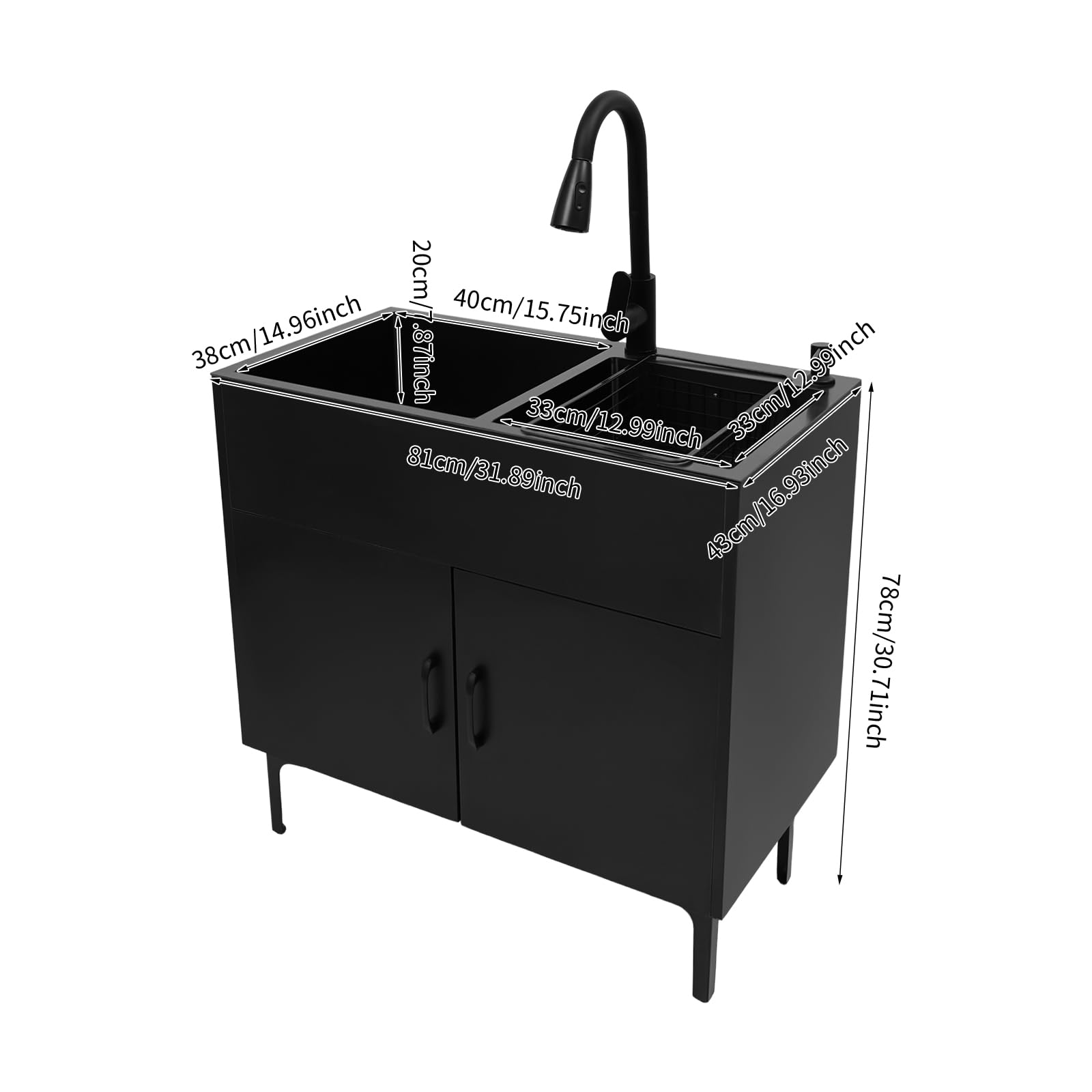 Fregadero de cocina independiente de acero inoxidable, 81 x 43 x 78 cm, armario de cocina con lavabo doble, extraíble y grifo, dispensador de jabón, fregadero industrial, fregadero de cocina comercial