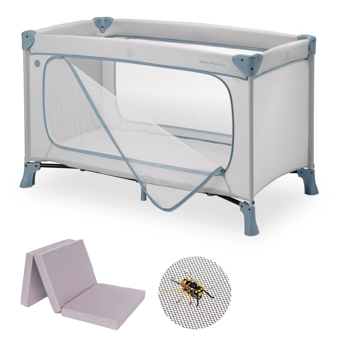 Hauck Lettino Da Viaggio Set Dream N Play Plus - Culla Neonato con Materasso e Zanzariera - Letto Pieghevole con Borsa e Ampia Apertura - Box Bambini 120x60cm (Apertura frontale, Dusty Blue)