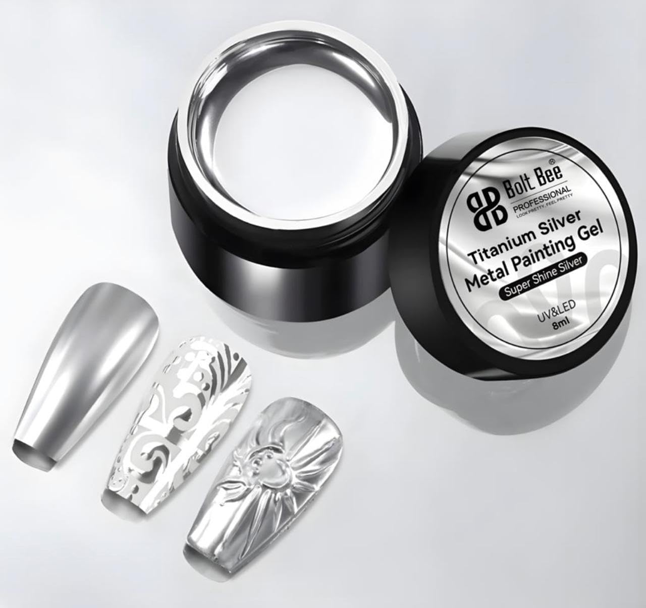 Kreni Titanium Metal Painting Nail Gel, Silver Nail Gel Polish, Mirror Nails Finish, Metal Painting Gel, Super Glossy Soak off UV/LED Nail Gel (silver)-image-39