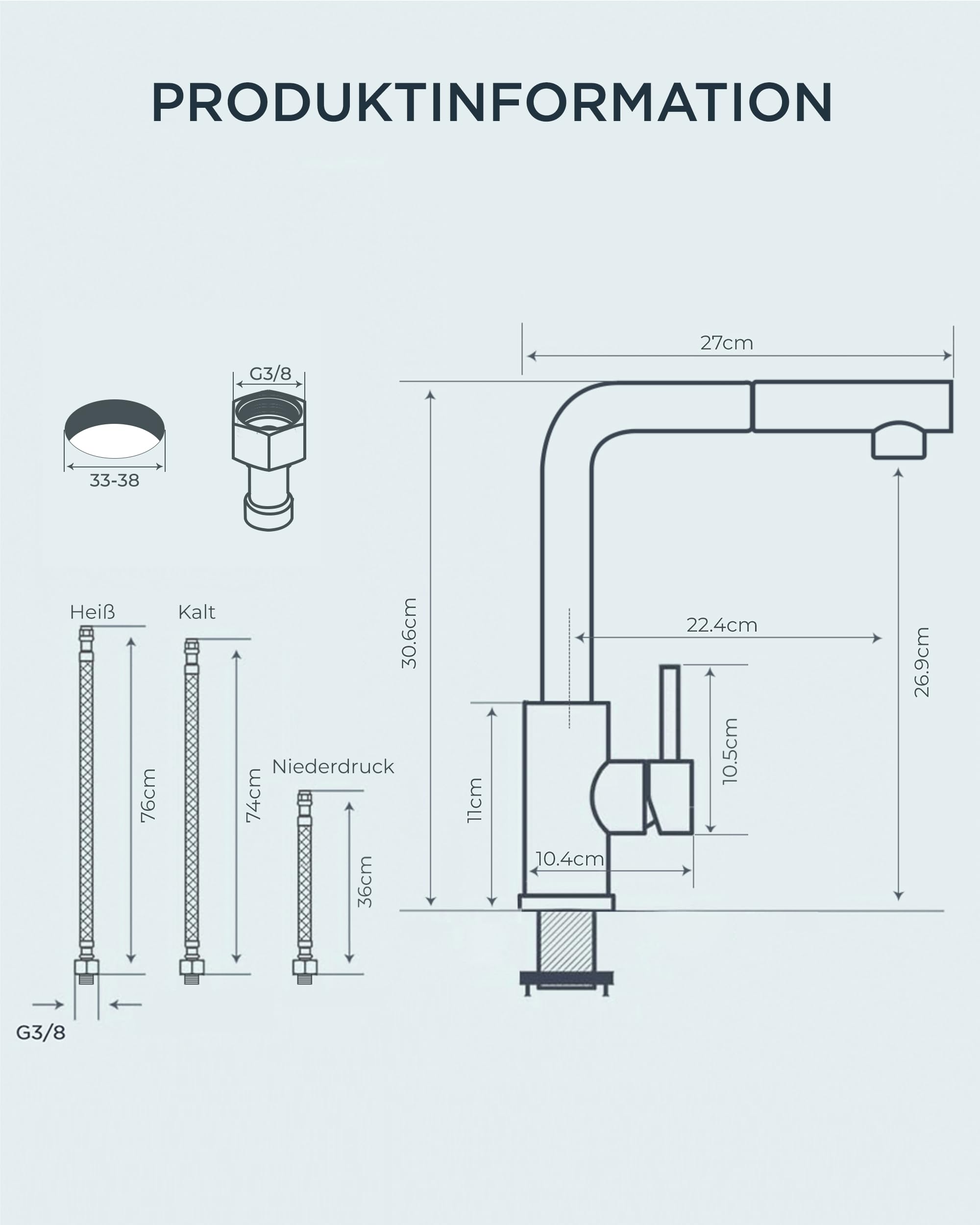 FORIOUS Niederdruck-Küchenarmatur, Einhebel-Warm- und Kaltwasserhahn, Wasserhahn mit 3 anschluessen fuer boiler, geeignet für Boiler und Untertischboiler, Roestvrij Staal