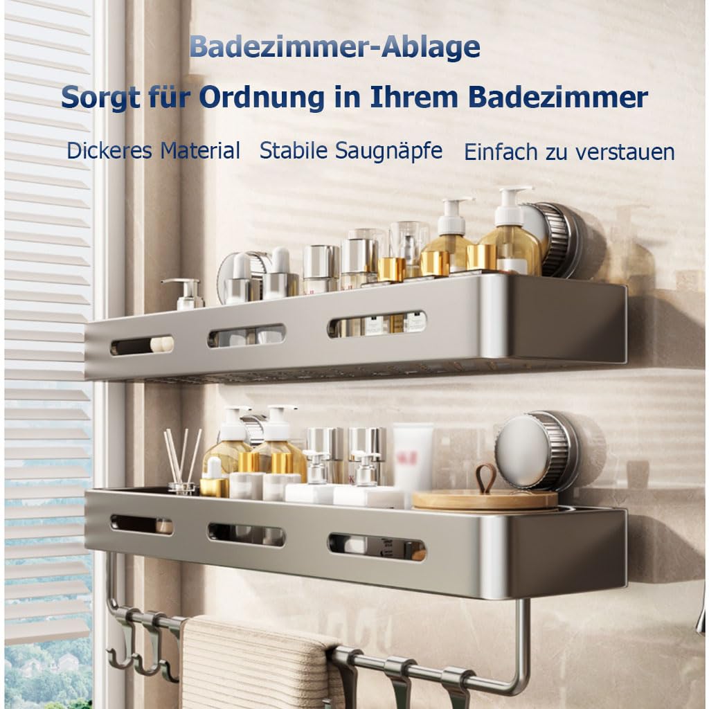 Duschablage Ohne Bohren mit Handtuchständer, Badezimmer Organizer Wandregal mit Haken, Aluminium Duschregal für Waschbecken Küche,2etage,40cm