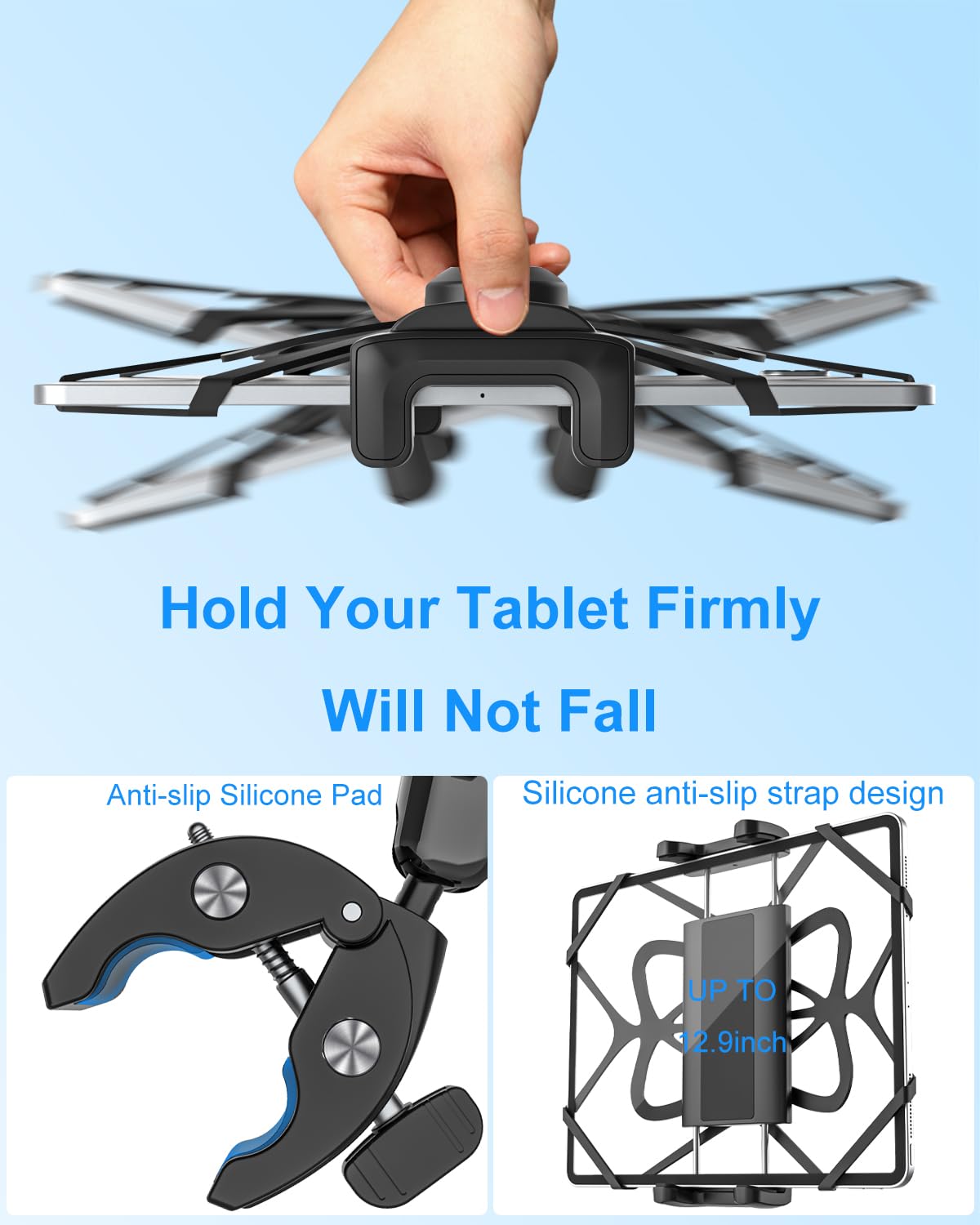 Support de tablette en métal pour iPad - Pour barre de fauteuil roulant, chariot de golf, poussette, vélo de fitness, vélo de route, VTT - Pince de guidon réglable à 360 ° pour iPad Pro, Air