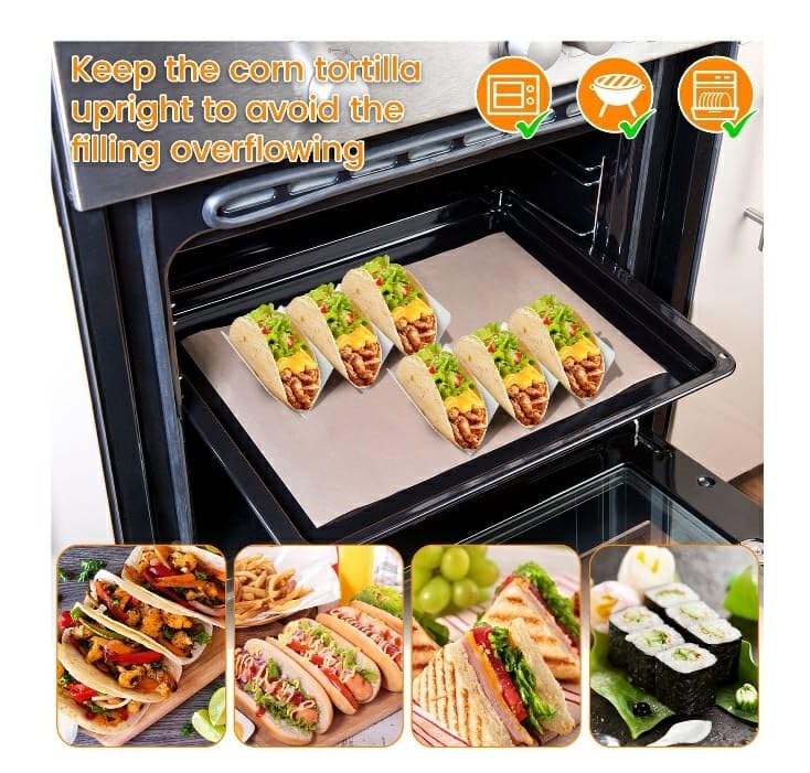 Shoppers Hub PNQ 3 Grid Stainless Steel Taco Holder | Taco Shell Rack & Serving Tray Stand | Multipurpose Taco Serveware Platter for Frankie, Sandwich, Hotdog, Rolls & Starters. (No of Slots: 3) 4