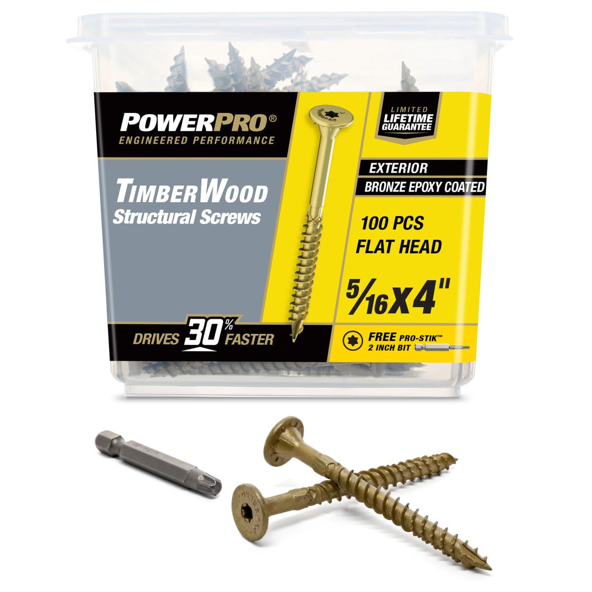Power Pro 100 tornillos estructurales de madera con revestimiento epoxi (5/16 x 4 pulgadas) | Tornillos de cabeza plana avellanados para madera | Cierres exteriores con revestimiento epoxi multicapa |