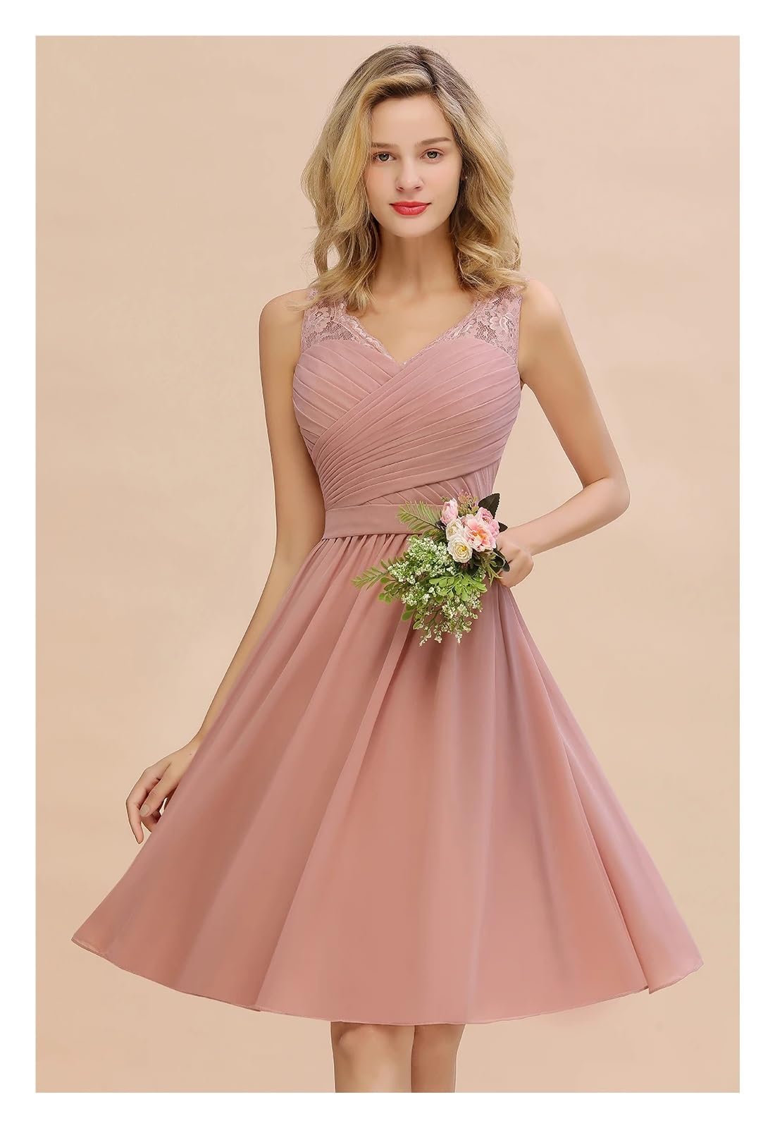 Klassisches Dusty Rose Chiffon A-Linie Brautjungfernkleid for Hochzeitsfeier V-Ausschnitt Ärmellos Spitze Kurzes Abschlussballkleid(Dusty Blue,14)