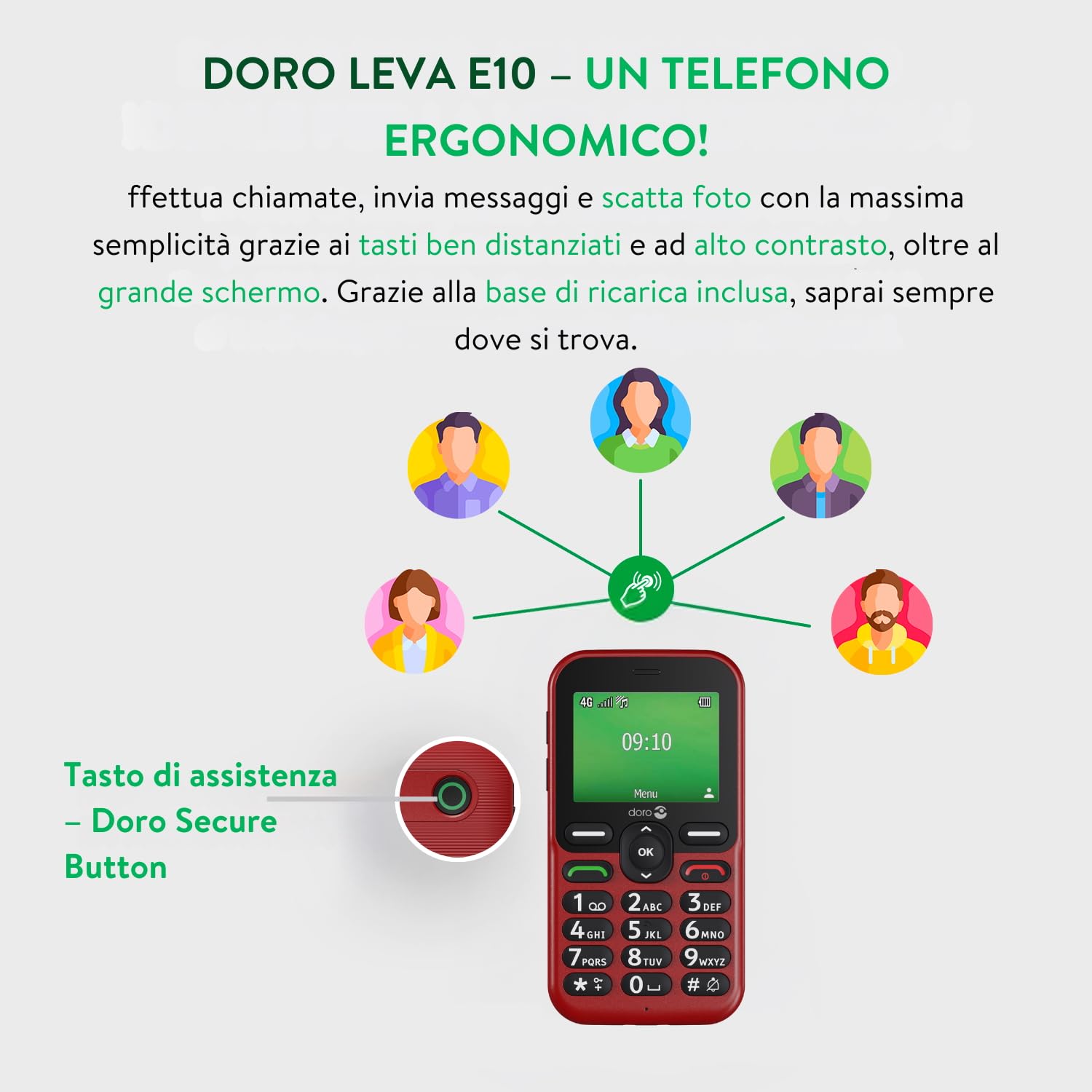 Doro - Telefono Leva E10 - Cellulare Per Anziani - Display Orizzontale 2,4", Tasti Alto Contrasto, Audio Forte e Chiaro, HD Voice, Fotocamera, Pulsante Secure - Base di Ricarica - Rosso
