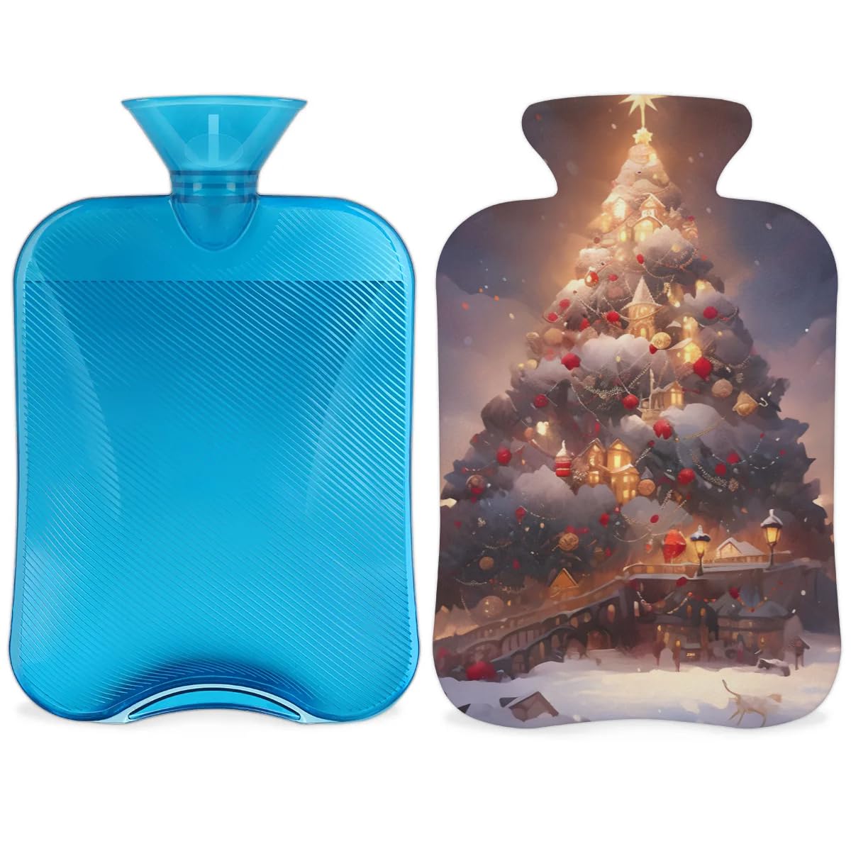 Hot Water Bottle with Soft Cover,2L Xmas Tree Hot Water Bag for Hot and Cold Compress, Hand Feet Warmer, Oil Painting Tree Rubber Hot or Cold Water Bottle Halloween Christmas Decorations