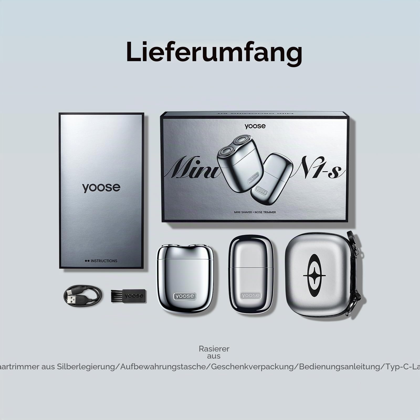 yoose MINI Rasierer und Nasenhaartrimmer, mit Superleisem Motor, Legierungsmaterial und IPX7 wasserdicht, yoose Pflegesets als idale Geschenk für Männer, Silber