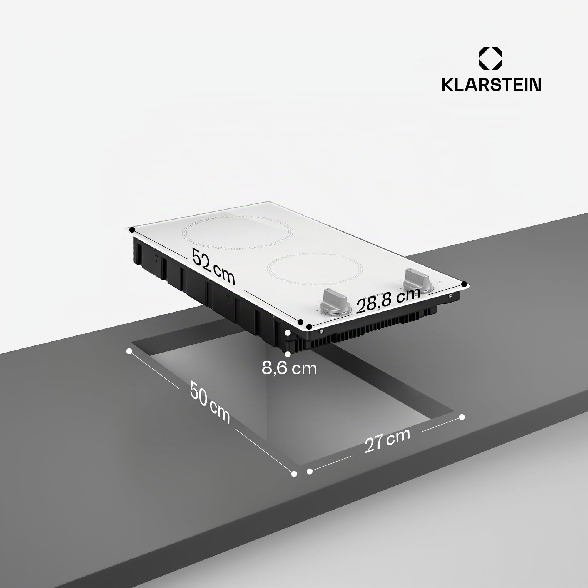 Klarstein Placa Inducción, 30cm - 2 Zonas, 3500W Boost, Mando Giratorio, Indicador Calor Residual, Protección Sobrecalentamiento, Superficie Cristal, Cocina Compacta