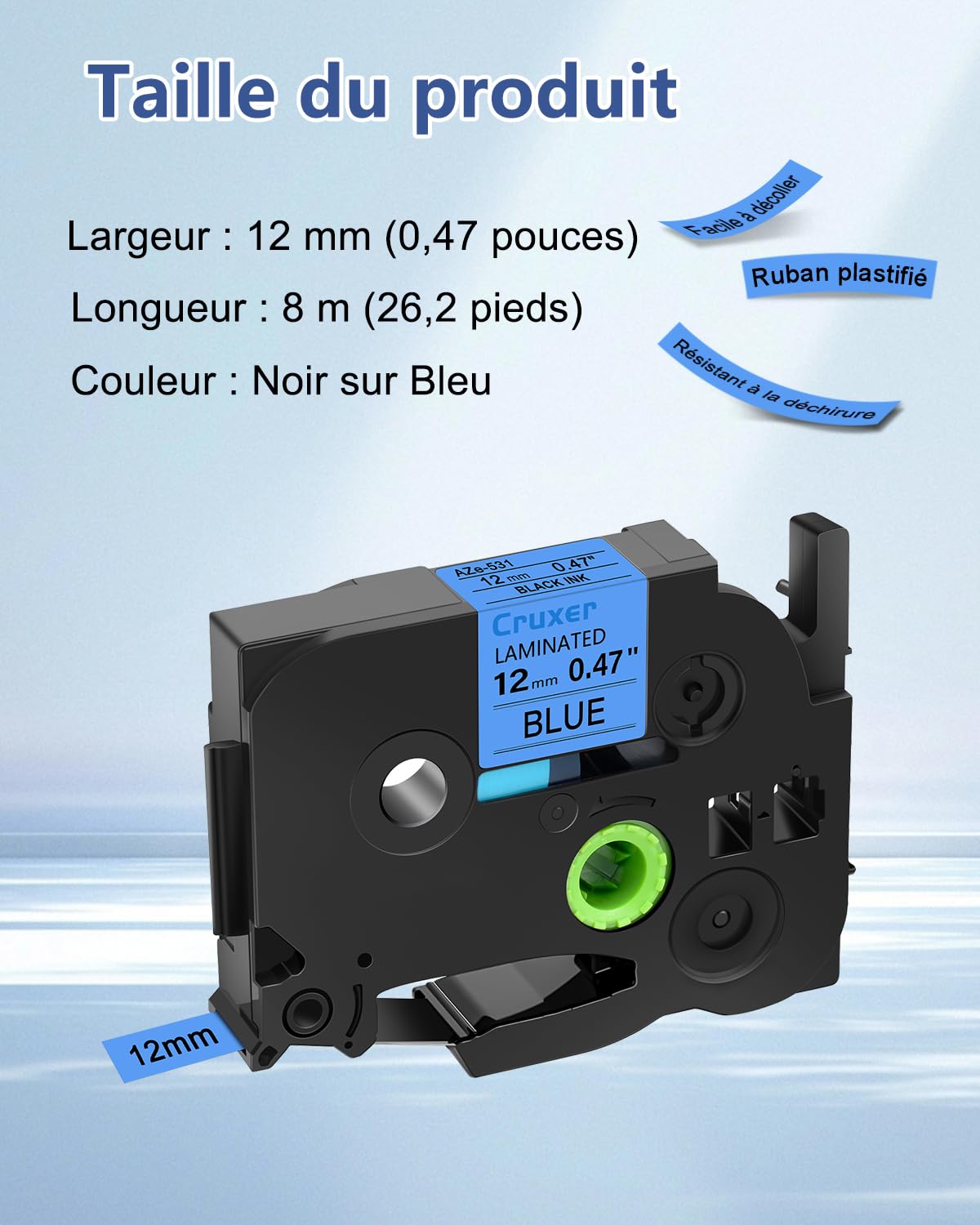 Cruxer Lot de 200 Compatible TZE-531 pour P-touch Noir sur Bleu 12 mm