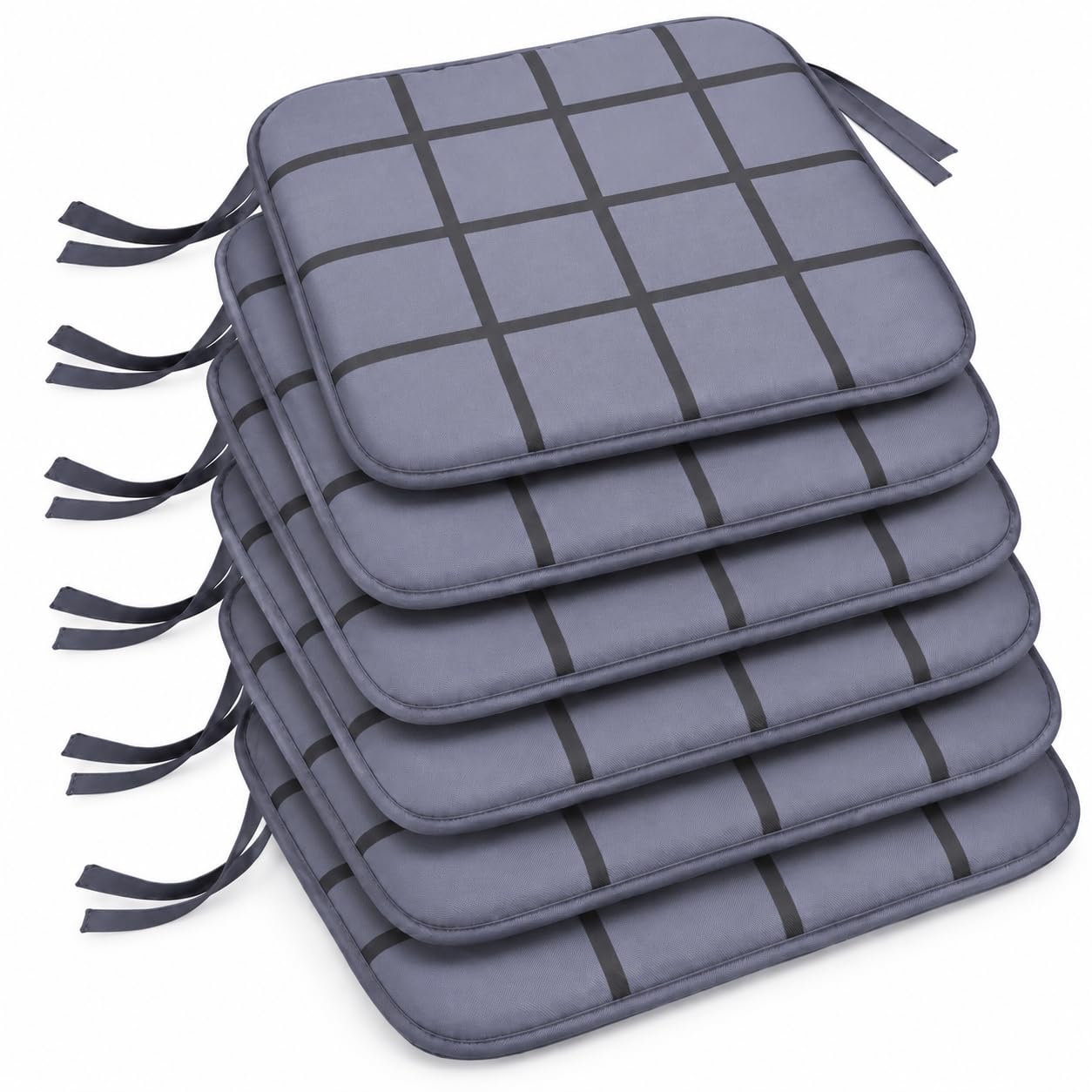 INSAFIANS Waterproof Chair Cushions Tie-On Seat Pads Dining Kitchen Patio Outdoor Chairs Packs of 2, 4, 6, or 8 (Pack 6 CHK GRY)