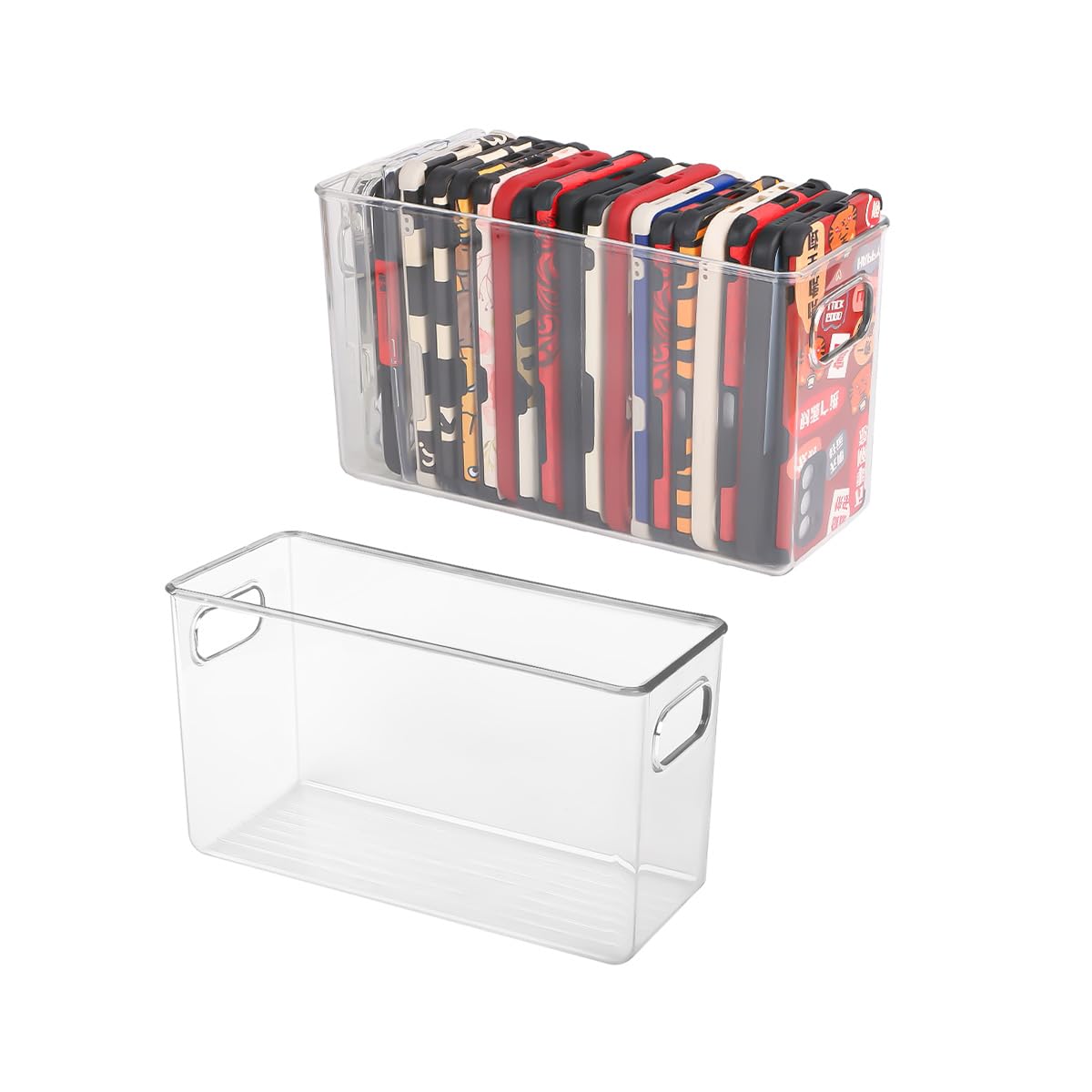 YmeibePlastic Clear Phone Case Organizer, Storage Holder Box with Handle for Cell Phone Case, Electronics Organizer for Desk, Cabinet, Shelf (Deep)