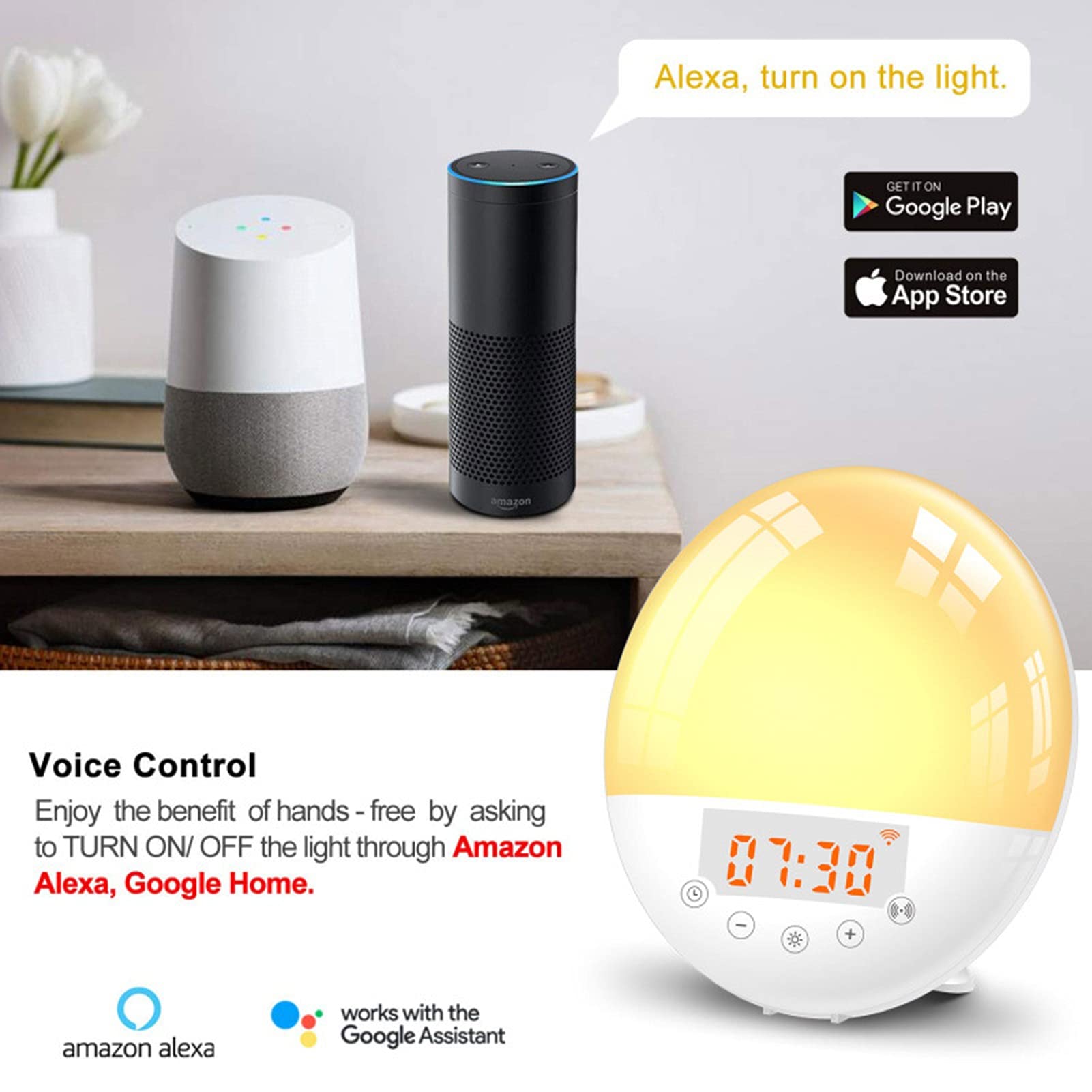 WiFi Smart Wake Up Light, Simulazione Alba/Tramonto Sveglia LED Digitale, con 8 Suoni Naturali e Funzione Snooze, App Tuya, Funziona con Alexa