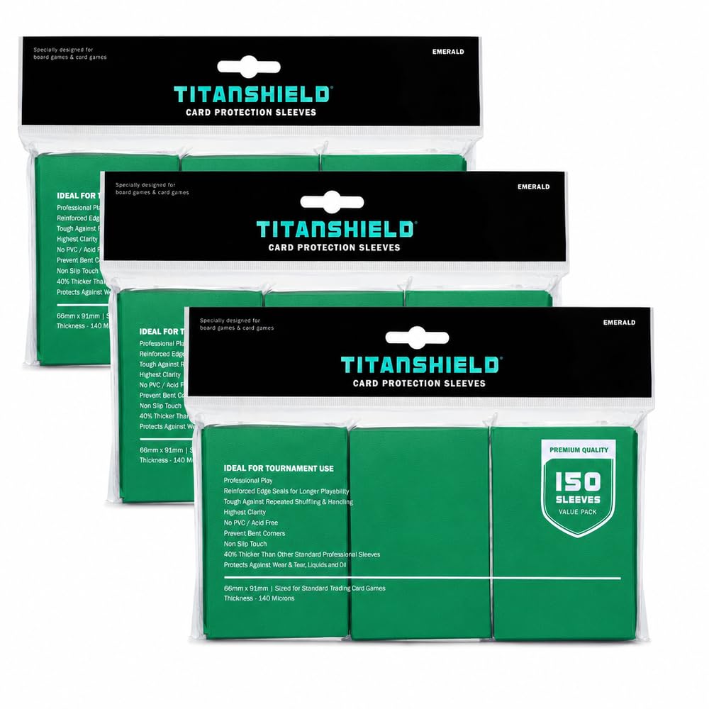 TitanShield Premium Card Sleeves | Compatible with Pokemon, One Piece, Lorcana, Flesh &amp; Blood, &amp; Magic The Gathering MTG | (150 Sleeves - Standard) (3, Emerald, Standard | 66x91mm)