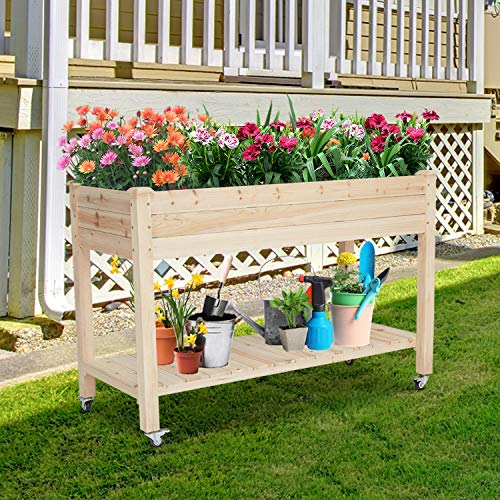 Wooden Raised Garden Bed Kit With Legs Elevated Garden Bed Elevated Planter Box On Lockable Wheels Storage Shelf For Vegetables #TOP1