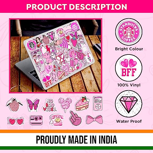 Image of FlyBuyHub Aesthetic Pink Theme Girls Vinyl Journal Stickers for Phone Case, Laptop, Notebook, Dairy, Water Bottle, Etc Self-Adhesive Set of 50 Glossy and Waterproof (Pink Theme)