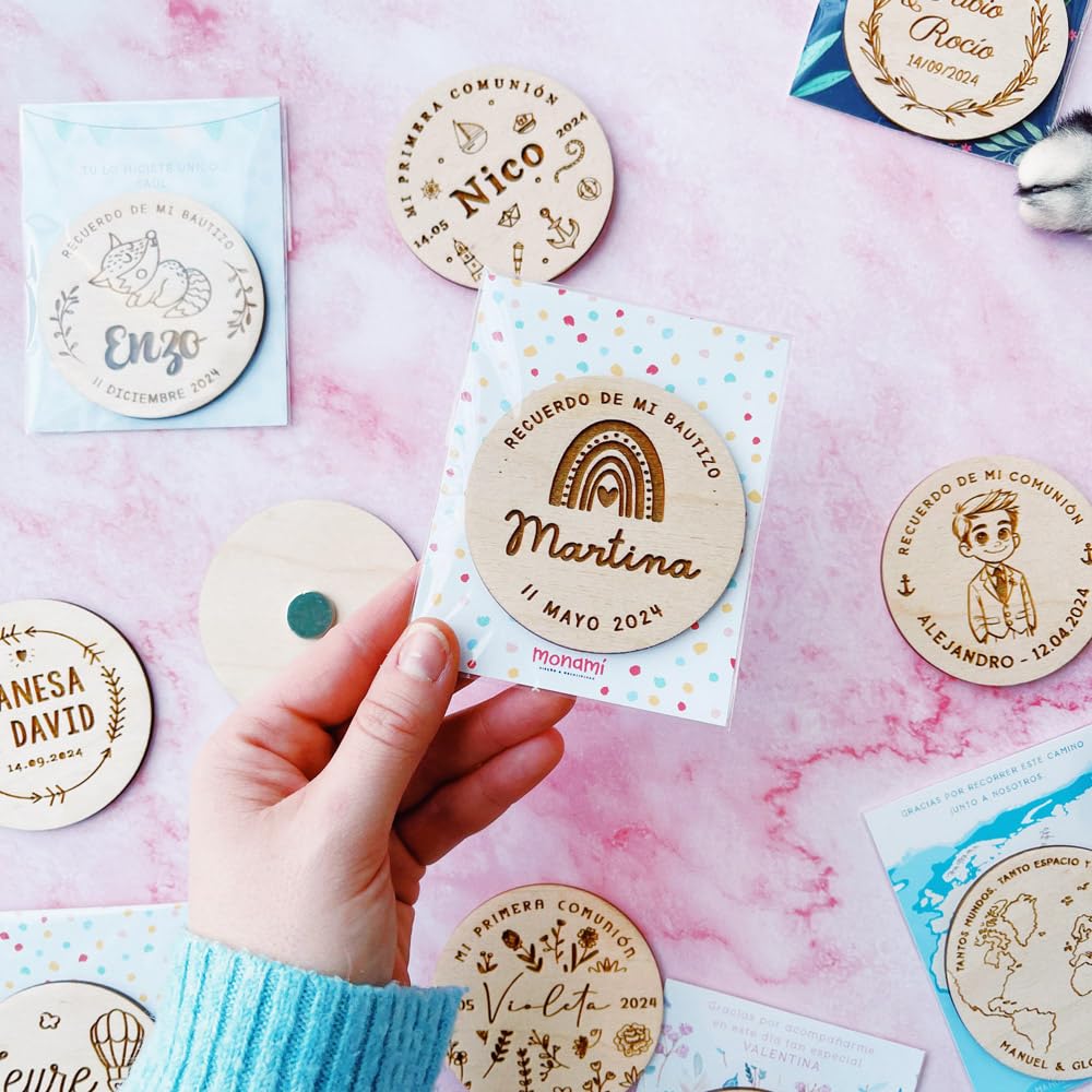 Imán de madera personalizado MONAMÍ decorativo de 7 cm para recuerdos