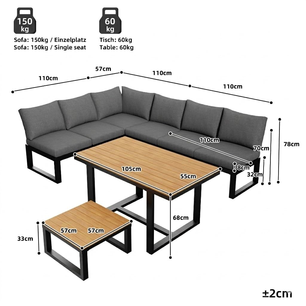 Sapgaks Ensemble de Salon de Jardin extérieur pour 6 Personnes avec Dossier réglable,canapé d'angle avec Table et Table Basse,Structure en Acier résistant aux intempéries (Gris-11)