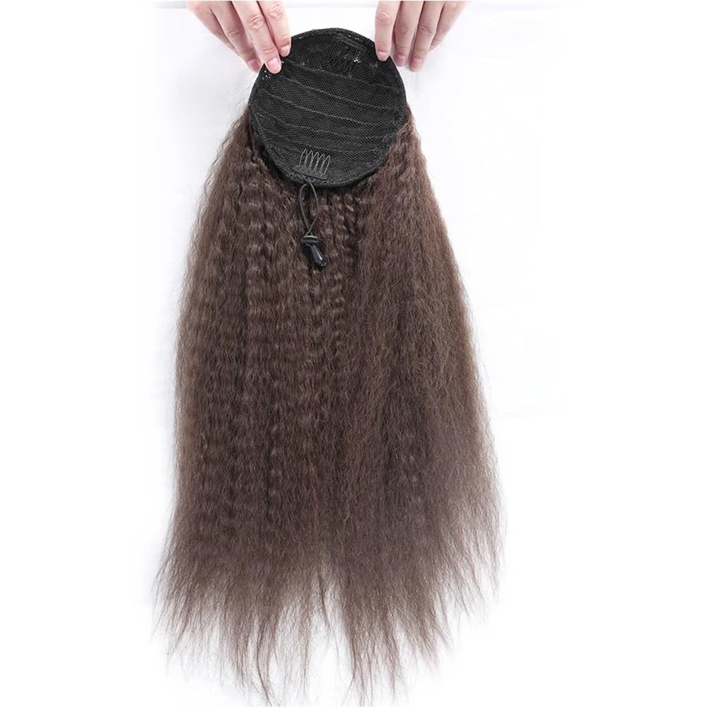 Long Yaki Straight Drawstring Ponytail, Clip in Hairpiece Synthetic Kinky Ponytails Hair Extension for Daily Use(#1B,14 inch)