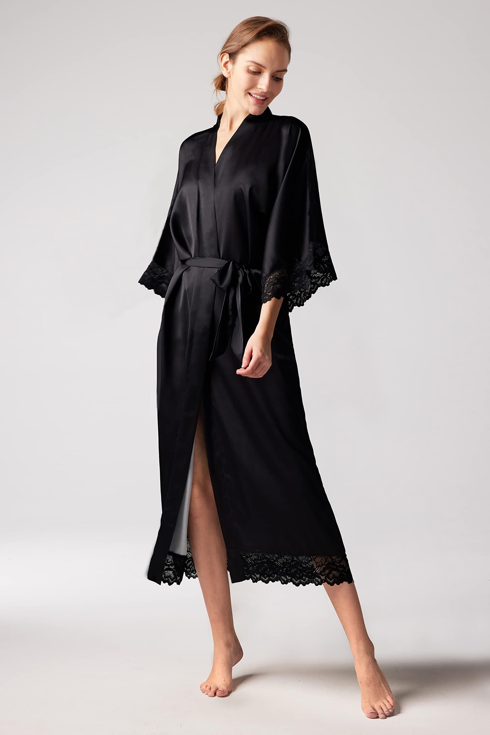 Coucoland Kimono Robe de Chambre longue Satin Robe de Nuit avec Bordure en Dentelle pour Femme Taille Unique