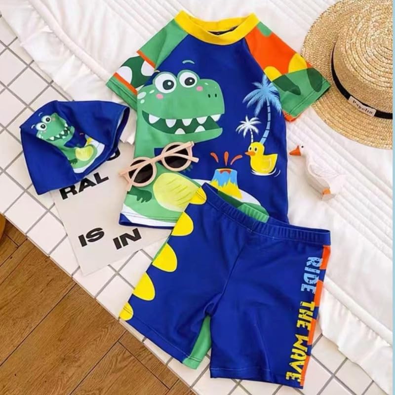 JMT Wear Swimming Costume for Boys I T-Shirt Shorts and Cap Three-Piece Swimsuit (Wavy Blue, 6-7 Years) 4