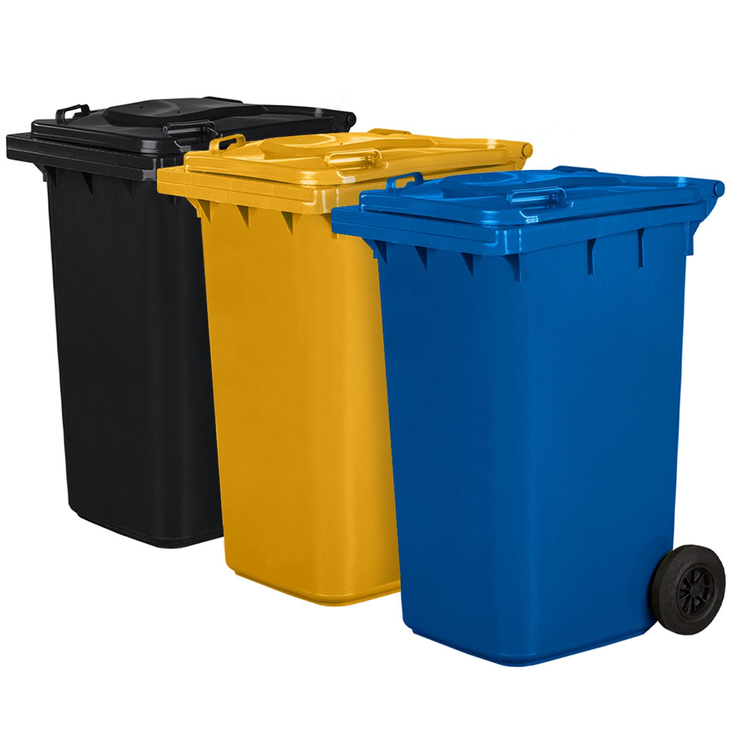 Juego de 3 cubos de basura para basura PN-EN 840, de 240 litros, con ruedas, sistema de enganche para extracción mecánica, de plástico, negro, amarillo, azul