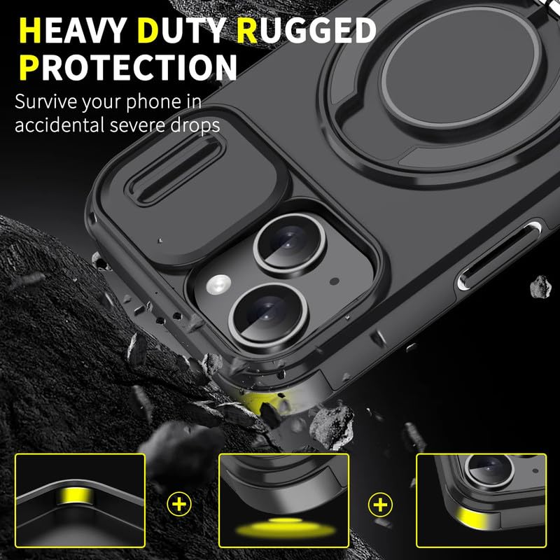 Image of LuxuryKase Shockproof Rugged Case for iPhone 14 Plus | Slide Camera Cover | 360 Rotating Ring Kickstand | Military-Grade Protection - Matte Black