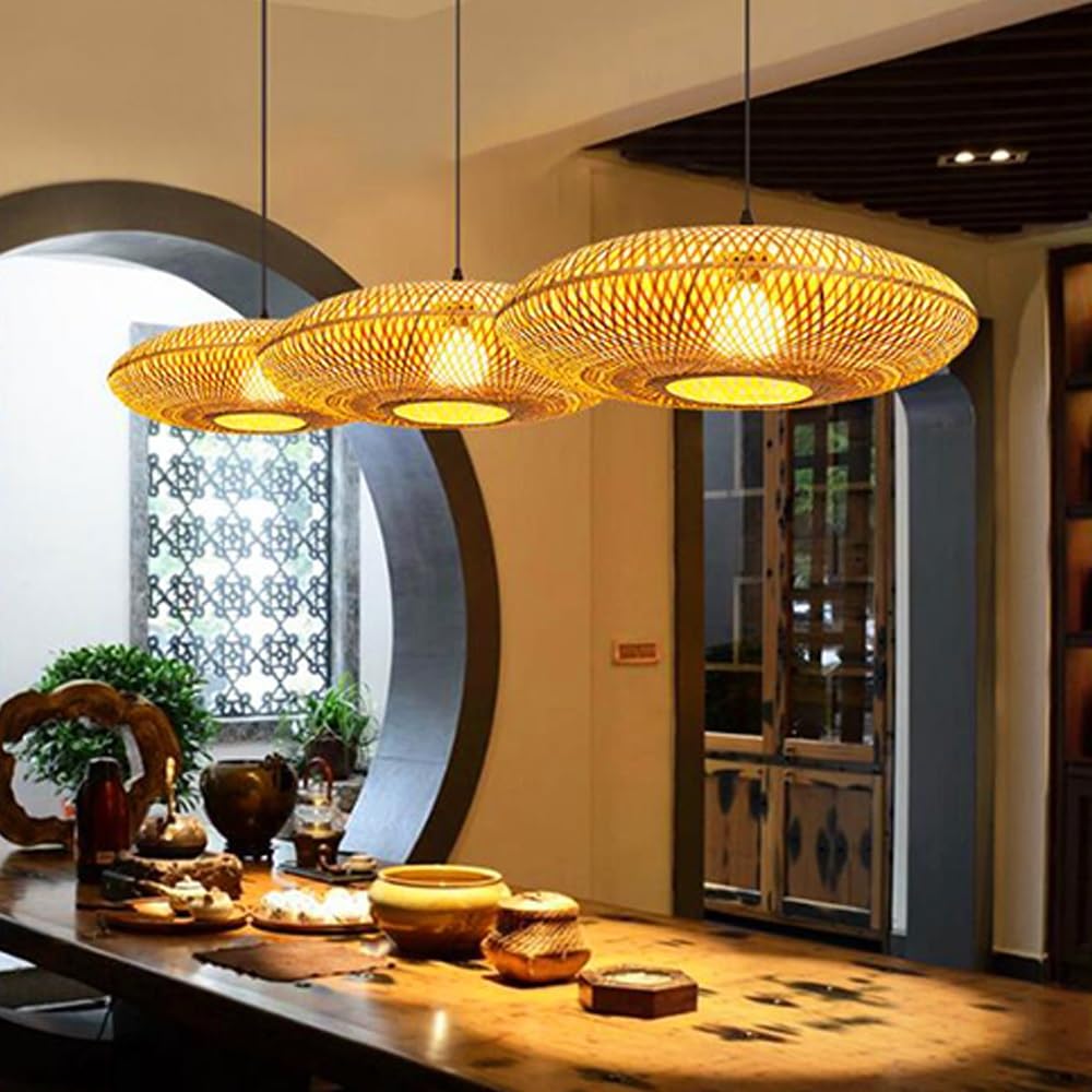 Bambusowa lampa wisząca w stylu vintage, lampa wisząca na stół jadalny, lampa rattanowa regulowana wysokość, drewniany klosz E27, styl retro, idealny do jadalni, c