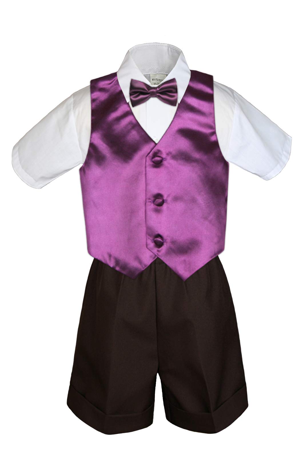 MILLTEX 4 Pieces Set Formal Party Wedding Color Satin Vest & Bow tie Shirt Brown Shorts Set New Born Baby Boy Toddler Sm-4T (XL (18-24 Months), Eggplant)