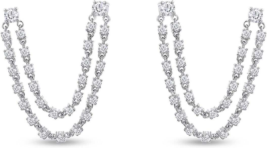 Double Piercing Dangle Chain Studs Earrings, 1.00 Carat (ctw) Moissanite Diamond Drop Earrings In 14k Gold Over Sterling Silver | Earscapes Earrings Gifts for Her