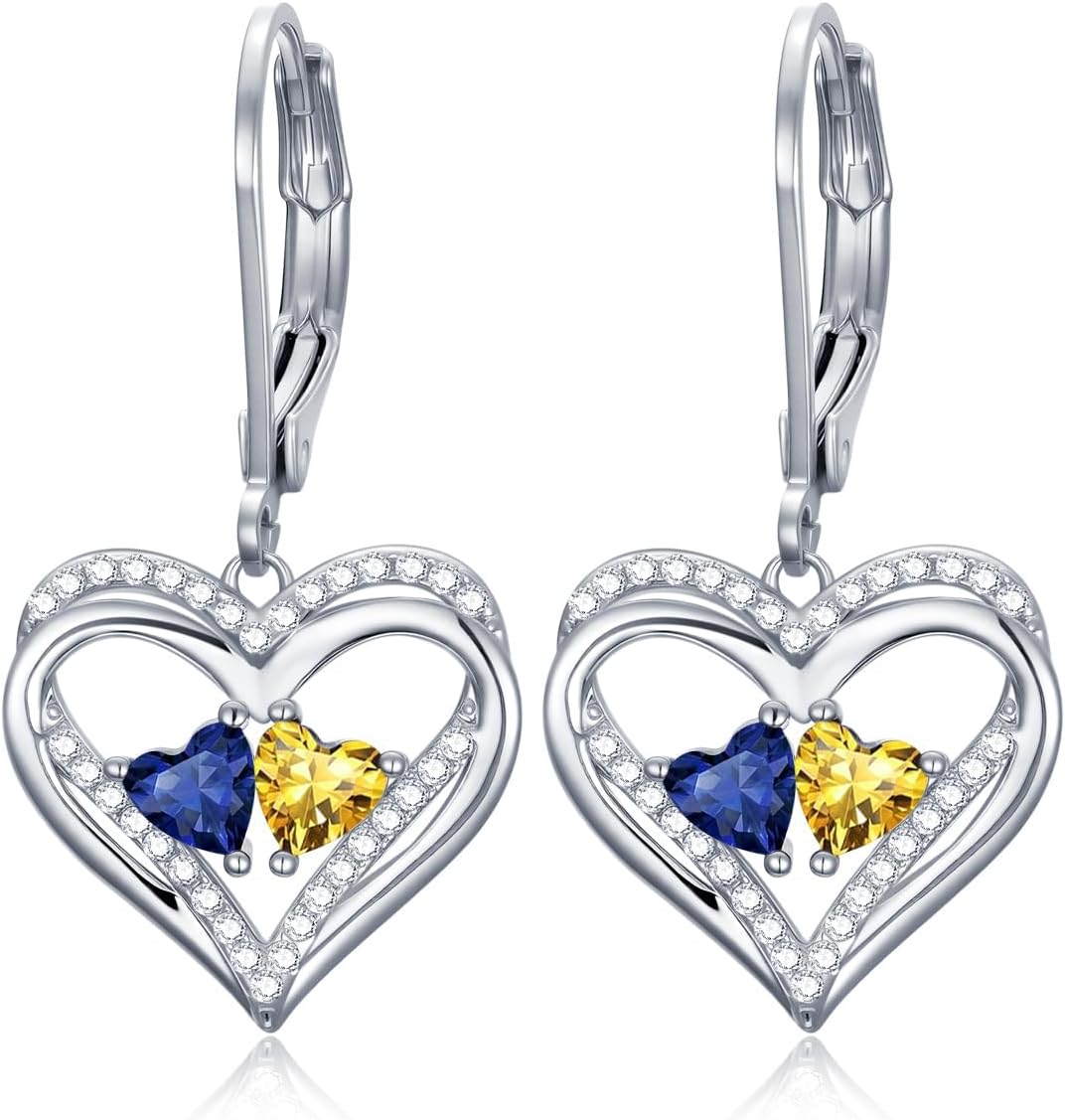 Valentines Day Gifts for Women, Heart Leverback Earrings Double Birthstone Dangle Earrings for Women, Love Jewelry for Her, Anniversary Birthday Gift for Mom Wife Girlfriend
