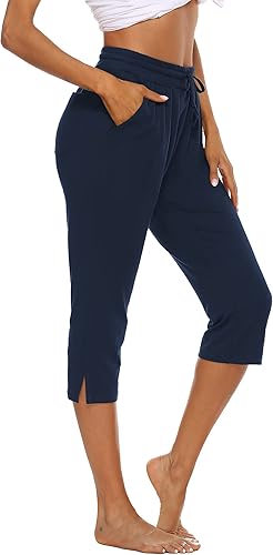 THANTH Womens Capri Yoga Pants Loose Drawstring Comfy Lounge Pajama Capris Workout Jersey Joggers Pants with Pockets