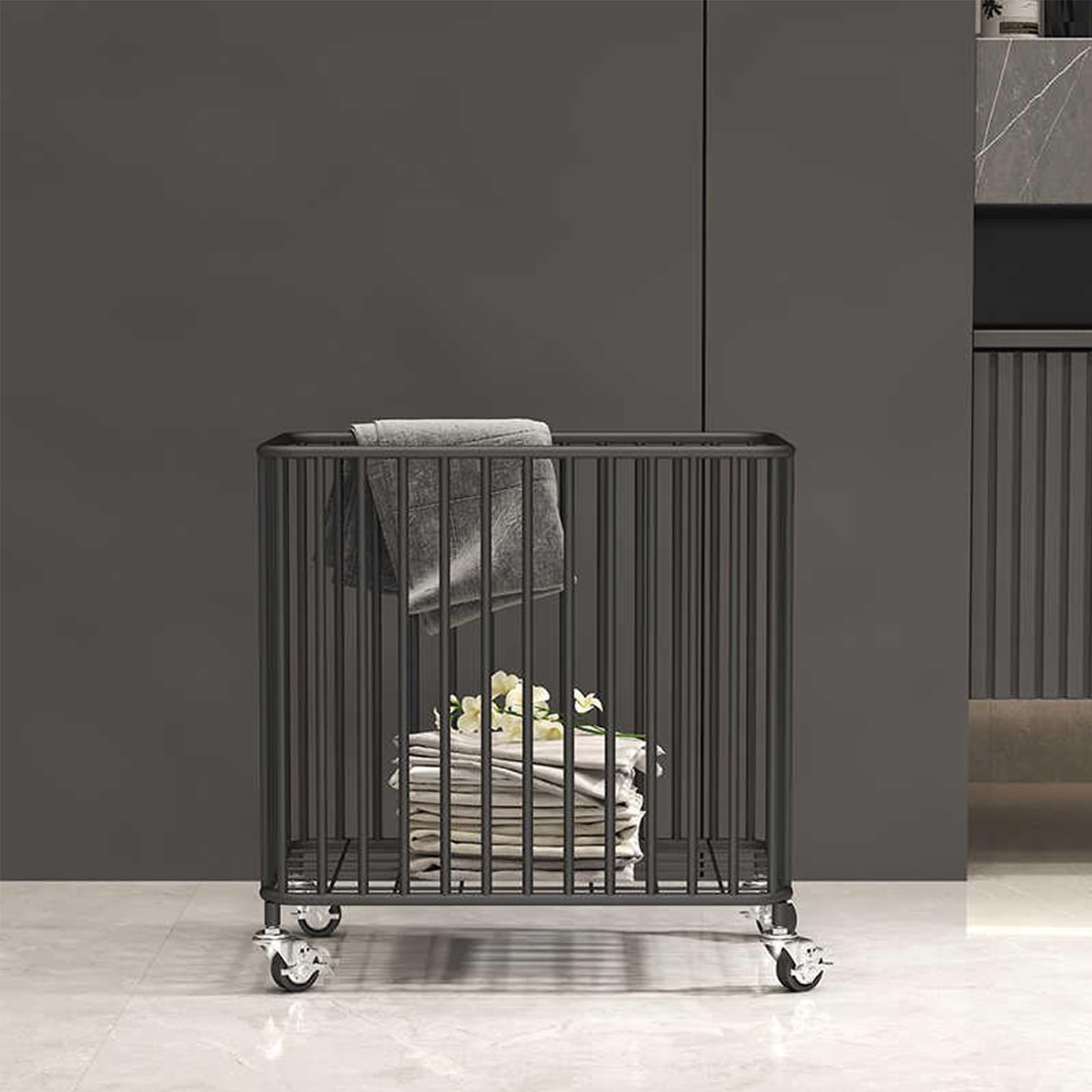 Folding Laundry Basket Household Storage with Wheels,Metal Rolling Hamper Cart with Pull Ring,Dirty Clothes Hamper Organizer