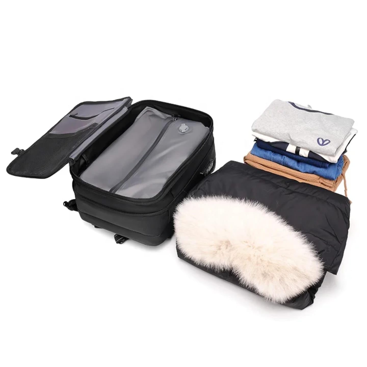 Generico Zaino sottovuoto Altissima Qualità espandibile fino a 60 litri con pompa sottovuoto USB-C, idrorepellente, lucchetto TSA, confome come bagaglio a mano, adatto per laptop, NERO